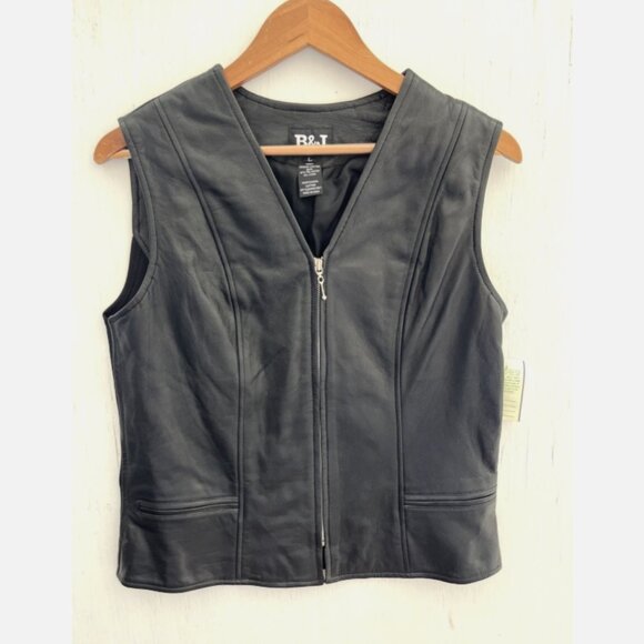 B & J Soft Black Leather Zip Up Vest Jacket Knit Panel Inset Size L NWT $238 - Picture 1 of 4